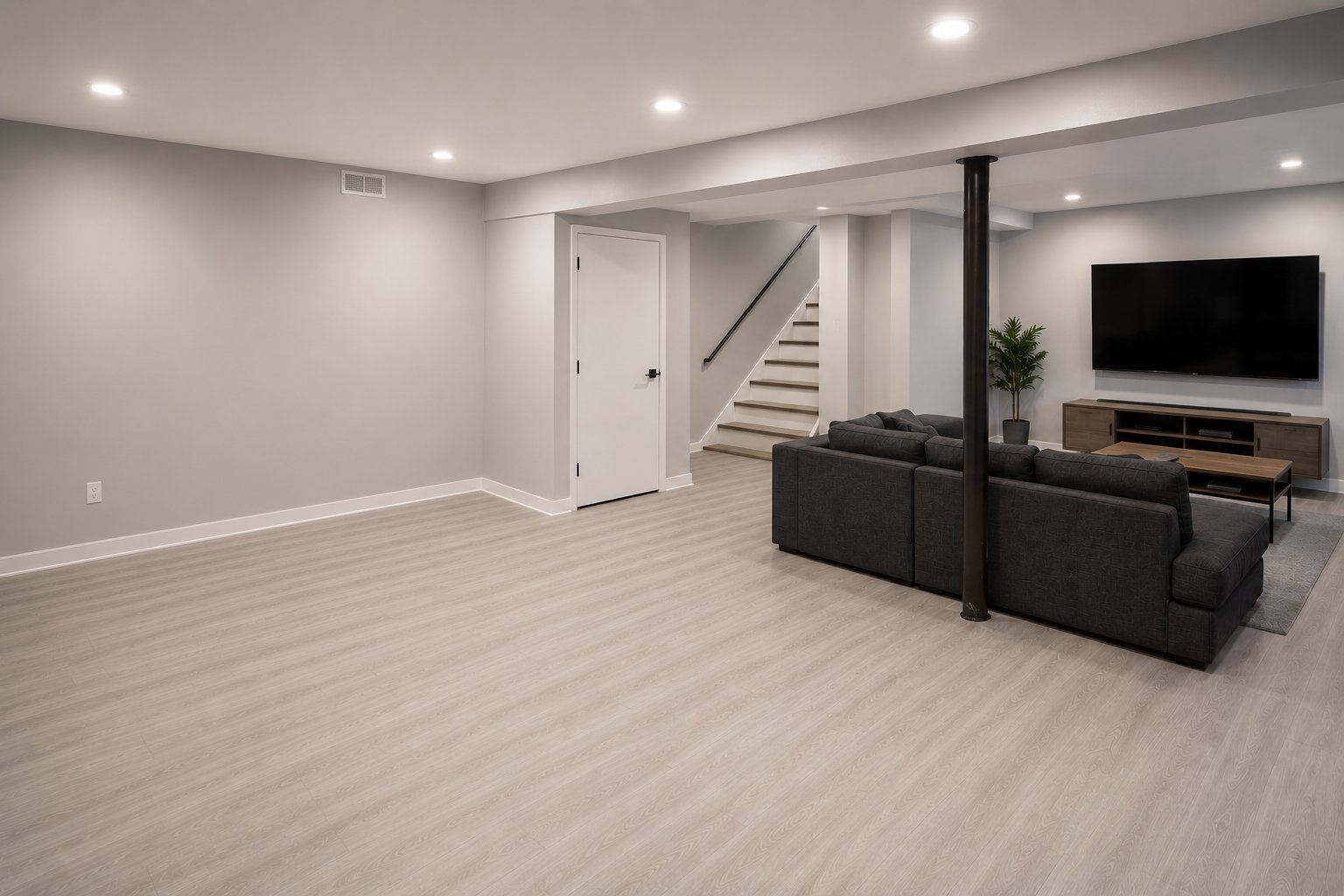 Finished basement entertainment space in Decatur, GA